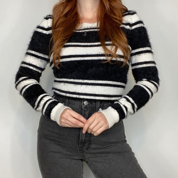 Loft Medium Black & White Fuzzy Eyelash Detailing Stripe Crewneck Sweater - Picture 3 of 10